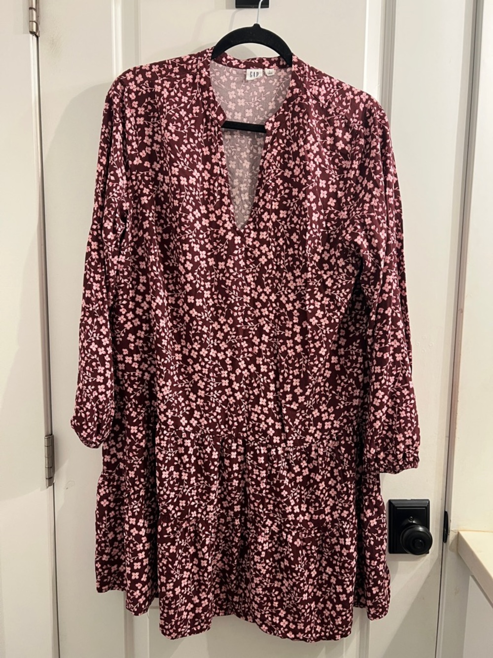 GAP Burgundy and Pink Floral V-Neck Tiered Dress
